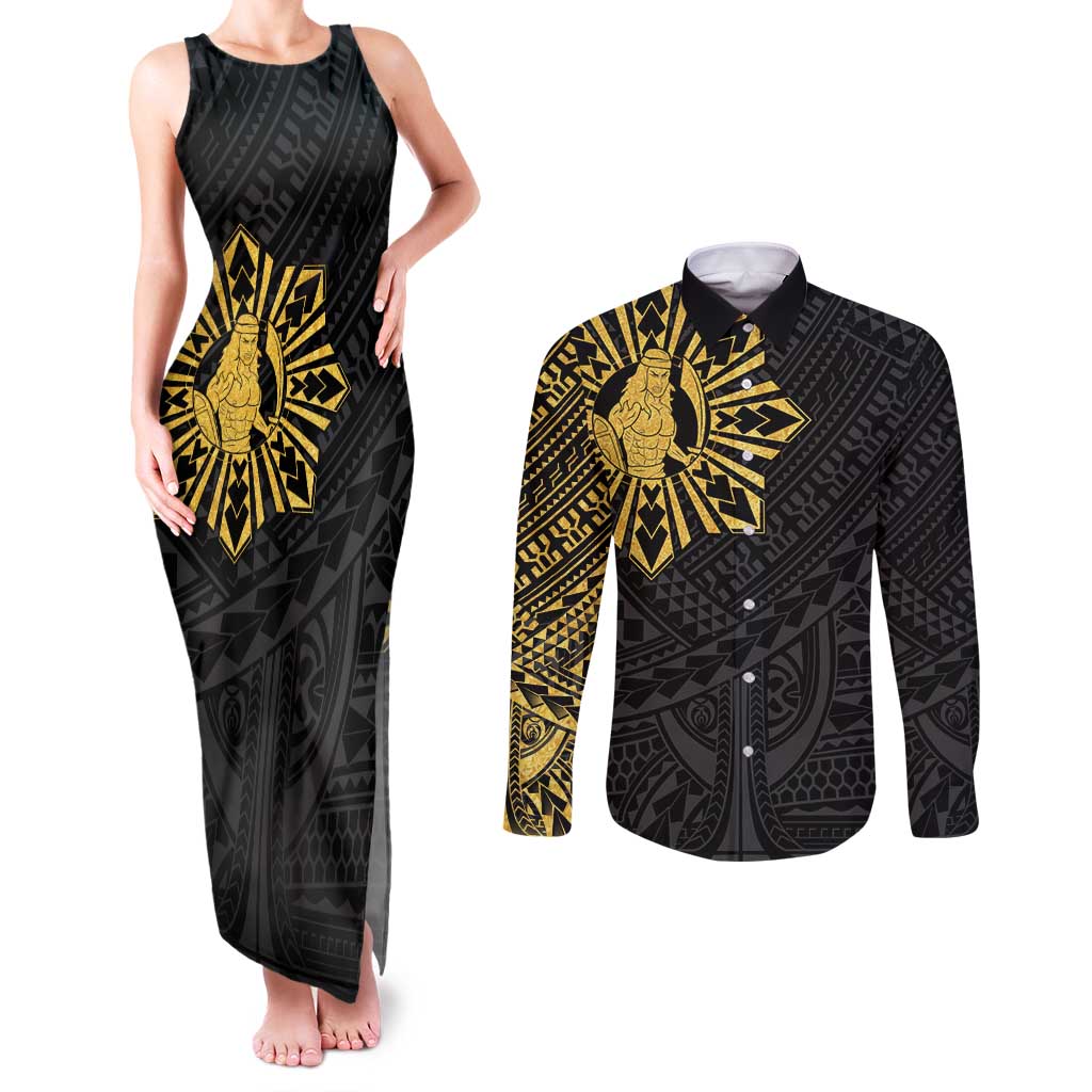 Philippines Tribal Couples Matching Tank Maxi Dress and Long Sleeve Button Shirt King Lapu Lapu Gold Version LT05 Gold - Polynesian Pride