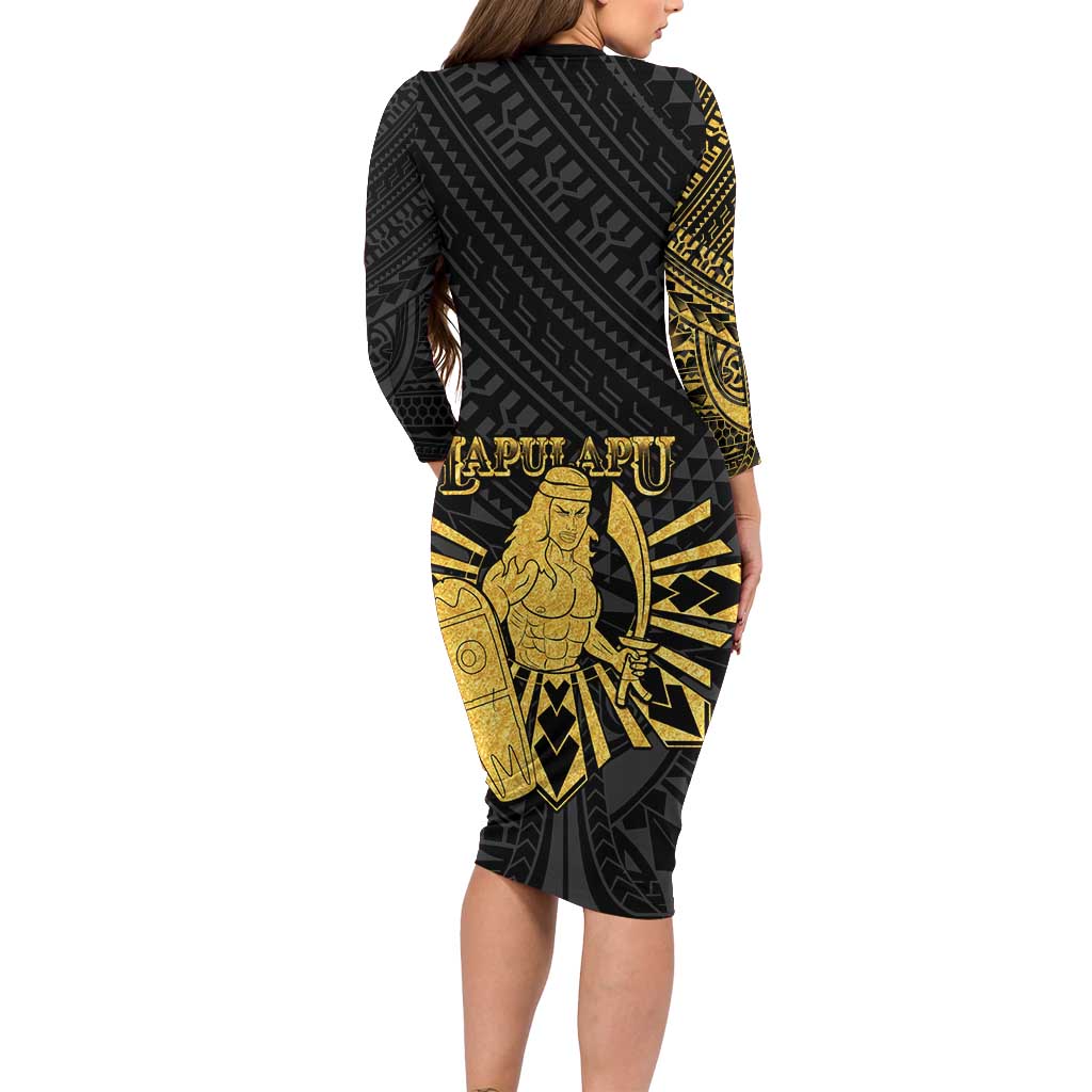 Philippines Tribal Family Matching Long Sleeve Bodycon Dress and Hawaiian Shirt King Lapu Lapu Gold Version