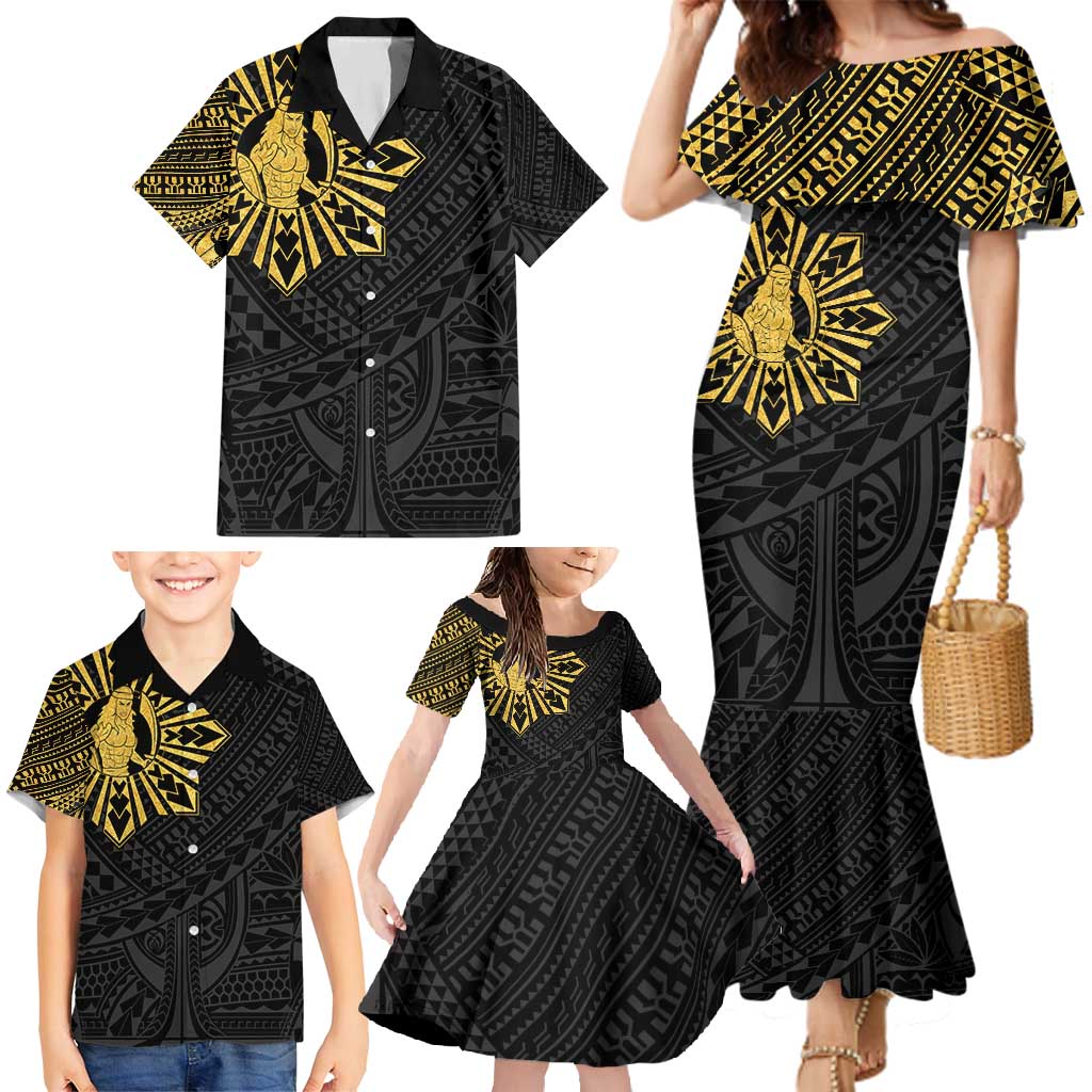Philippines Tribal Family Matching Mermaid Dress and Hawaiian Shirt King Lapu Lapu Gold Version