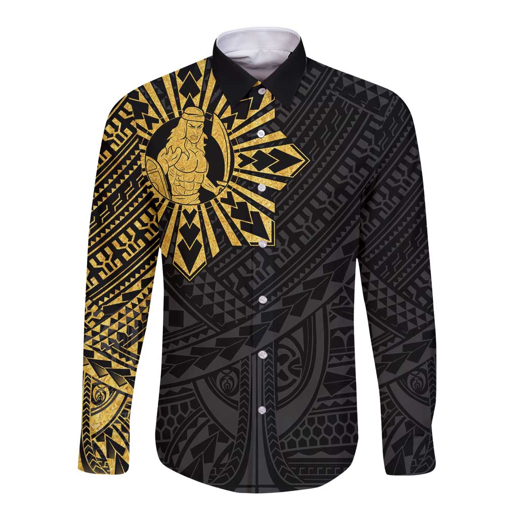 Philippines Tribal Long Sleeve Button Shirt King Lapu Lapu Gold Version LT05 Unisex Gold - Polynesian Pride