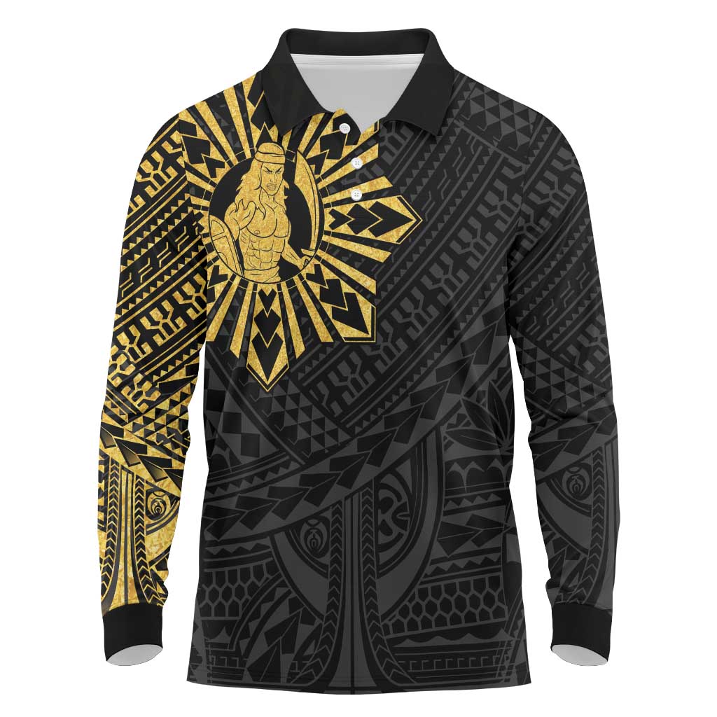 Philippines Tribal Long Sleeve Polo Shirt King Lapu Lapu Gold Version LT05 Gold - Polynesian Pride