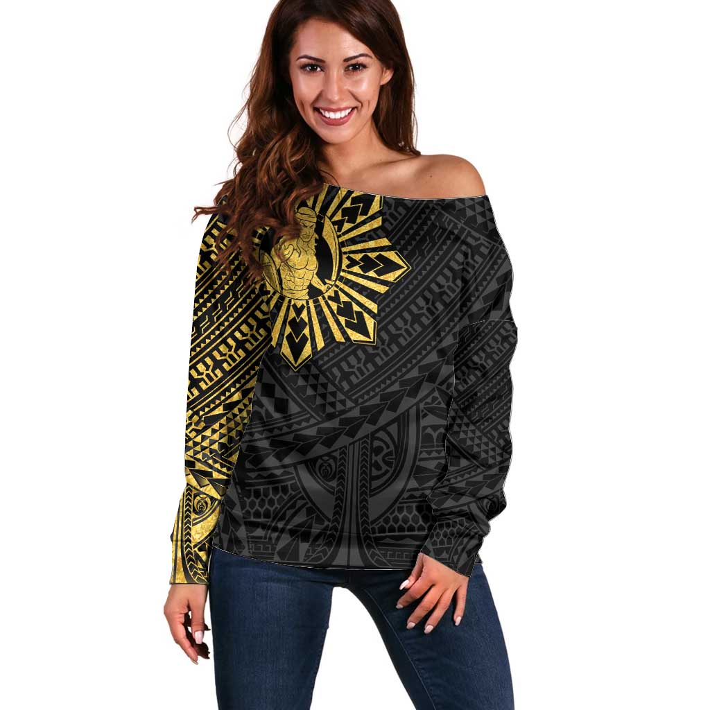 Philippines Tribal Off Shoulder Sweater King Lapu Lapu Gold Version LT05 Women Gold - Polynesian Pride