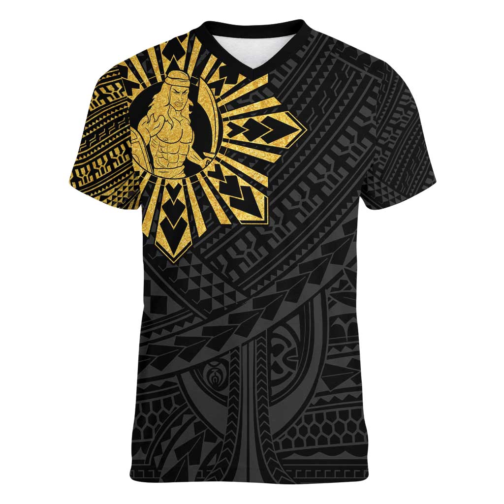 Philippines Tribal Women V-Neck T-Shirt King Lapu Lapu Gold Version LT05 Female Gold - Polynesian Pride