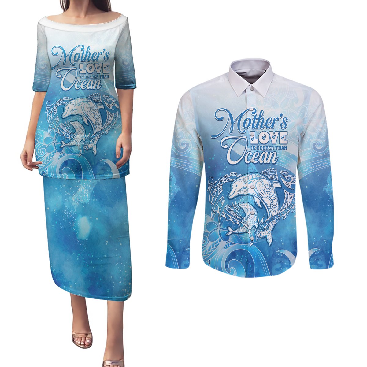 Mother's Love Is Deeper Than Ocean Couples Matching Puletasi and Long Sleeve Button Shirt Polynesian Style LT05 Blue - Polynesian Pride