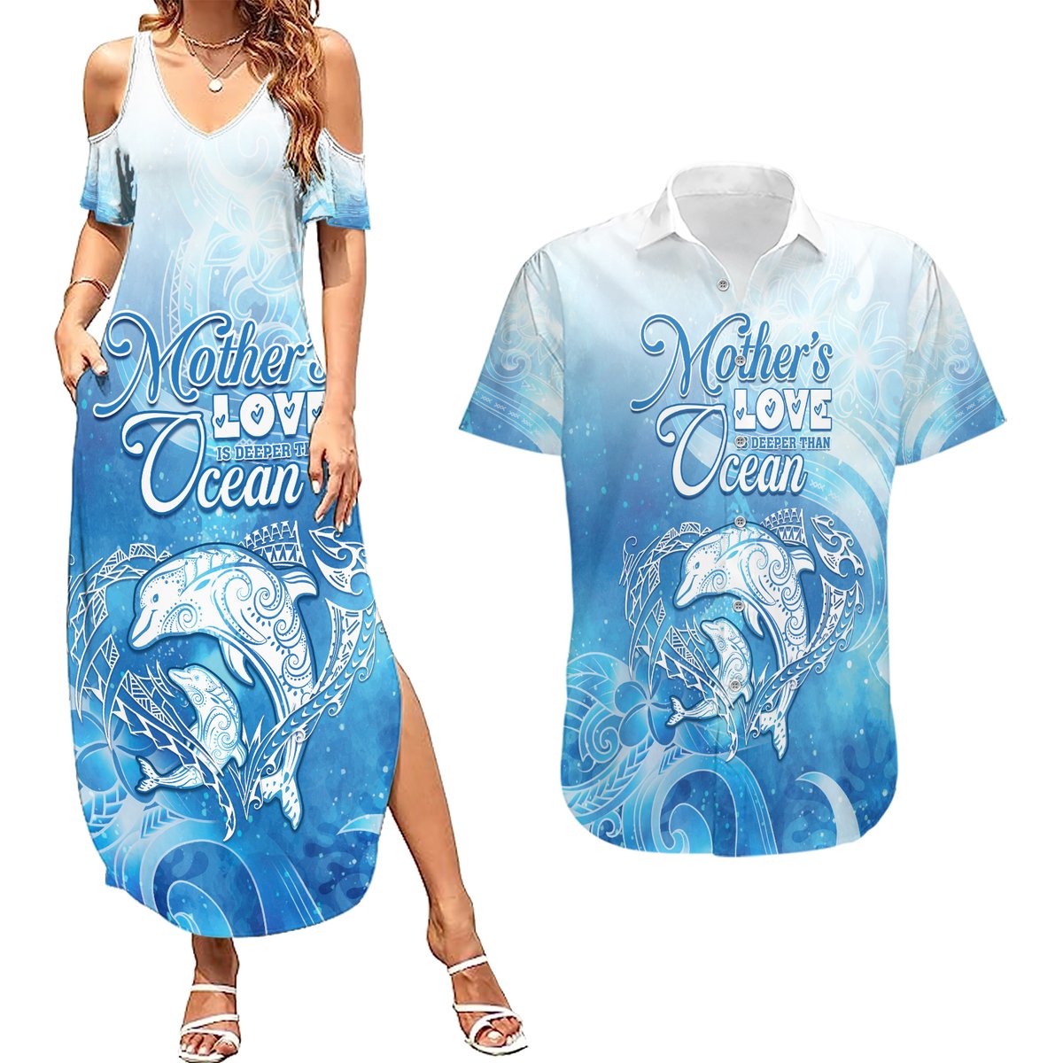 Mother's Love Is Deeper Than Ocean Couples Matching Summer Maxi Dress and Hawaiian Shirt Polynesian Style