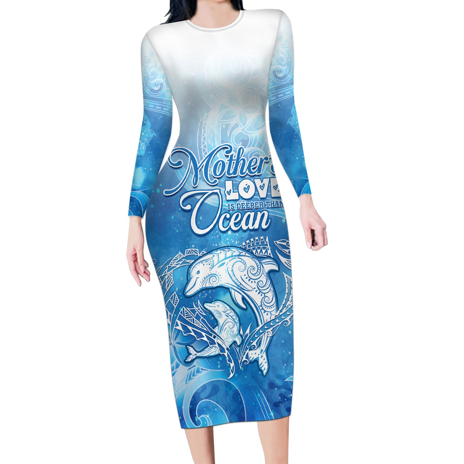 Mother's Love Is Deeper Than Ocean Long Sleeve Bodycon Dress Polynesian Style LT05 Long Dress Blue - Polynesian Pride