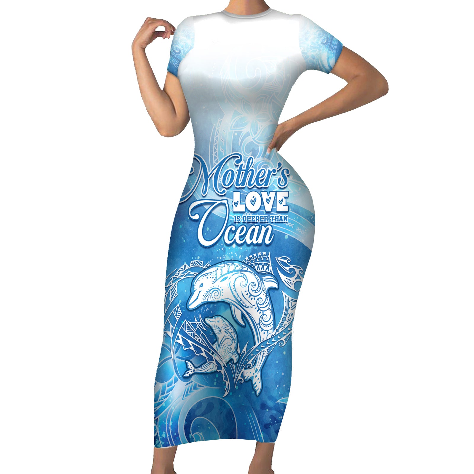 Mother's Love Is Deeper Than Ocean Short Sleeve Bodycon Dress Polynesian Style