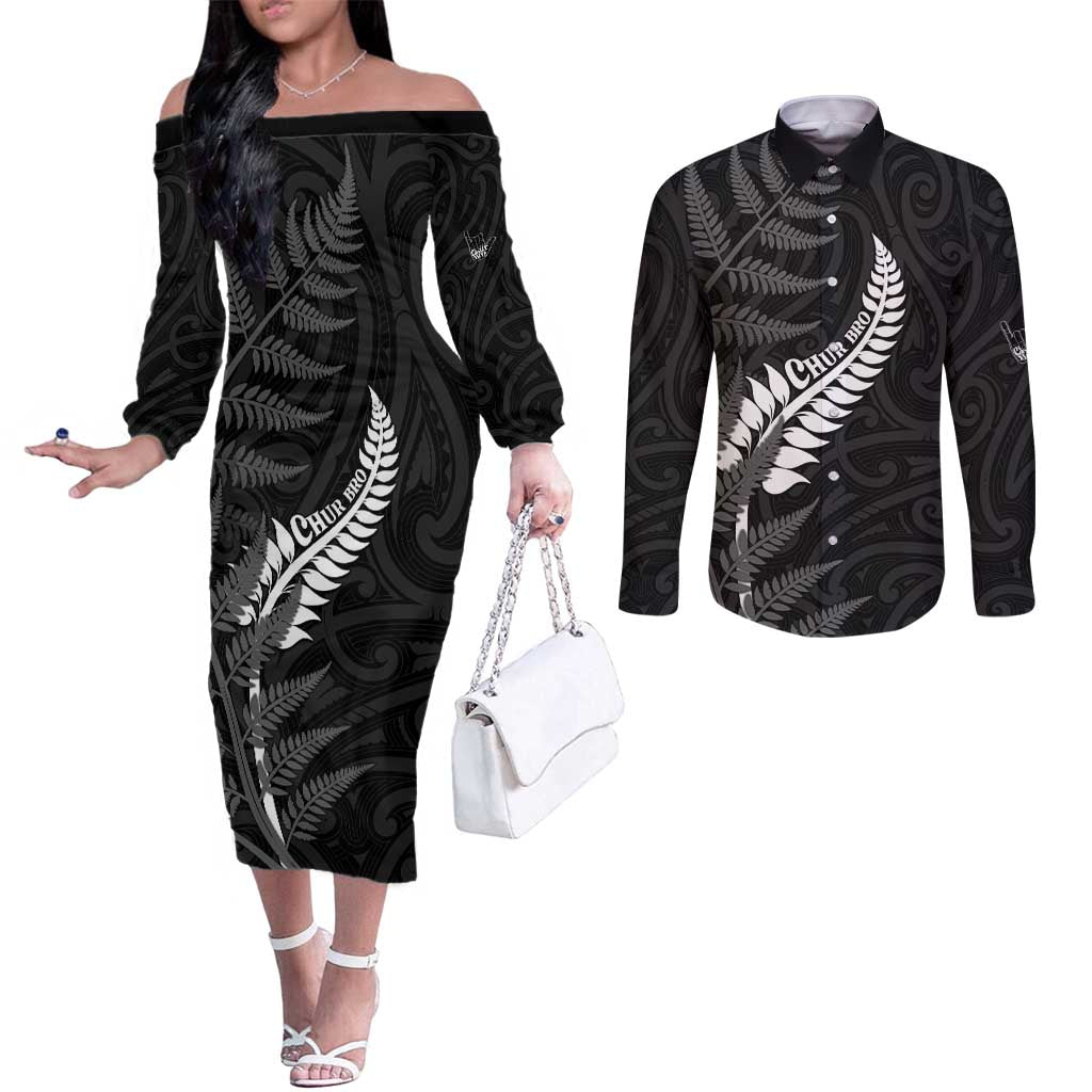 Personalised New Zealand Chur Bro Couples Matching Off The Shoulder Long Sleeve Dress and Long Sleeve Button Shirt Maori Koru With Silver Fern