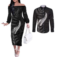 Personalised New Zealand Chur Bro Couples Matching Off The Shoulder Long Sleeve Dress and Long Sleeve Button Shirt Maori Koru With Silver Fern