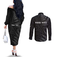 Personalised New Zealand Chur Bro Couples Matching Off The Shoulder Long Sleeve Dress and Long Sleeve Button Shirt Maori Koru With Silver Fern