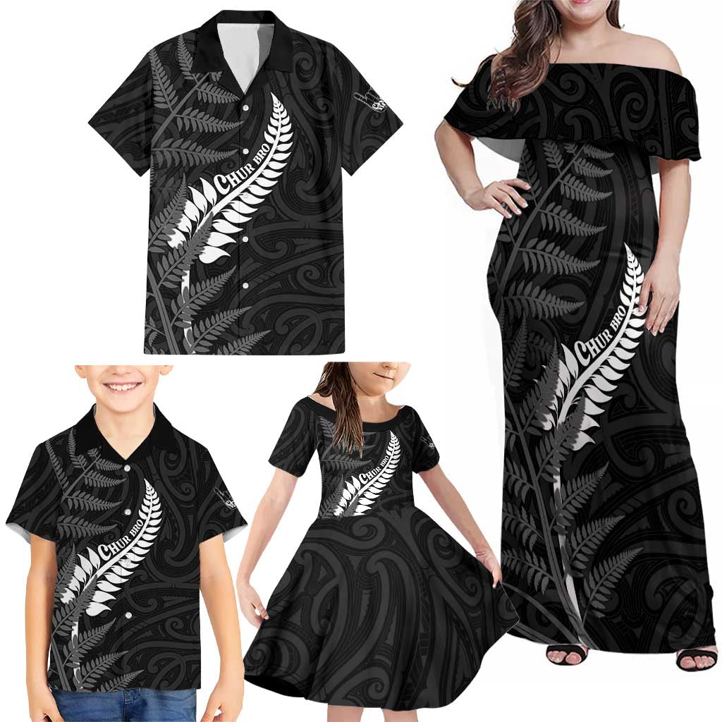 Personalised New Zealand Chur Bro Family Matching Off Shoulder Maxi Dress and Hawaiian Shirt Maori Koru With Silver Fern LT05 - Polynesian Pride