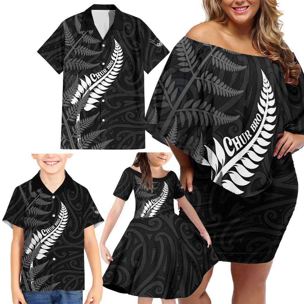 Personalised New Zealand Chur Bro Family Matching Off Shoulder Short Dress and Hawaiian Shirt Maori Koru With Silver Fern