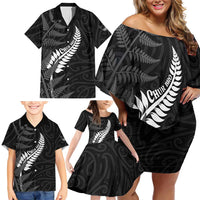Personalised New Zealand Chur Bro Family Matching Off Shoulder Short Dress and Hawaiian Shirt Maori Koru With Silver Fern