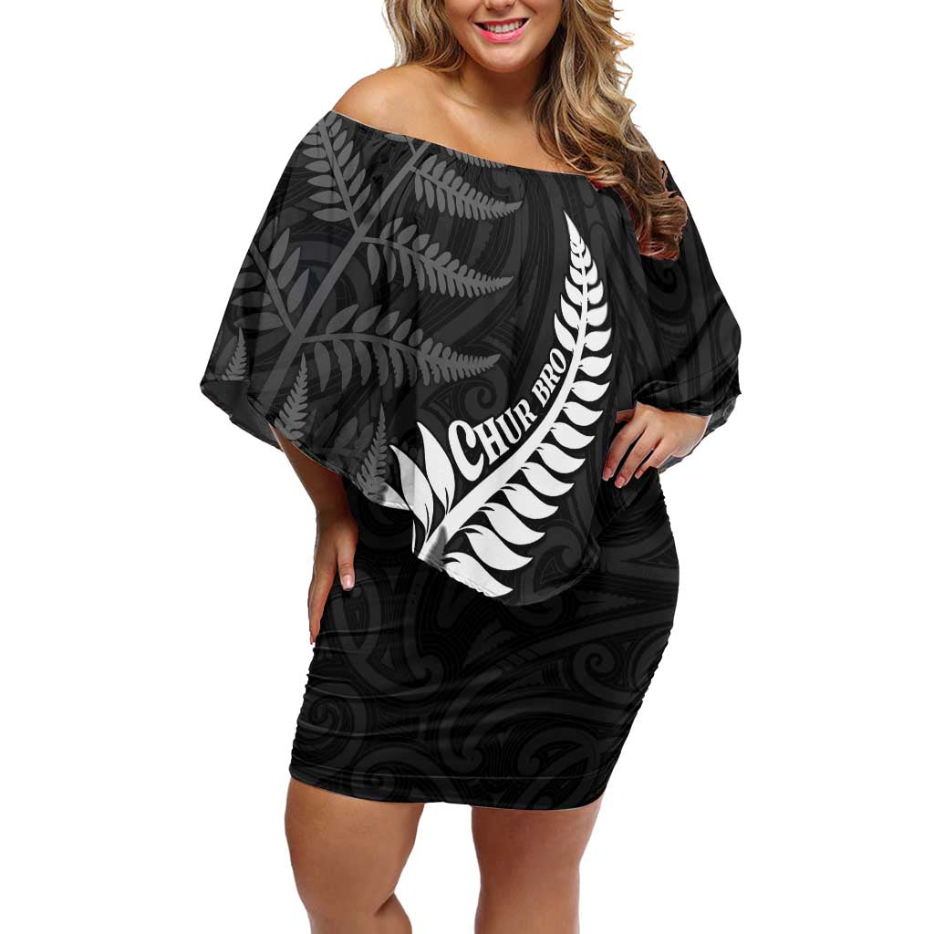 Personalised New Zealand Chur Bro Family Matching Off Shoulder Short Dress and Hawaiian Shirt Maori Koru With Silver Fern