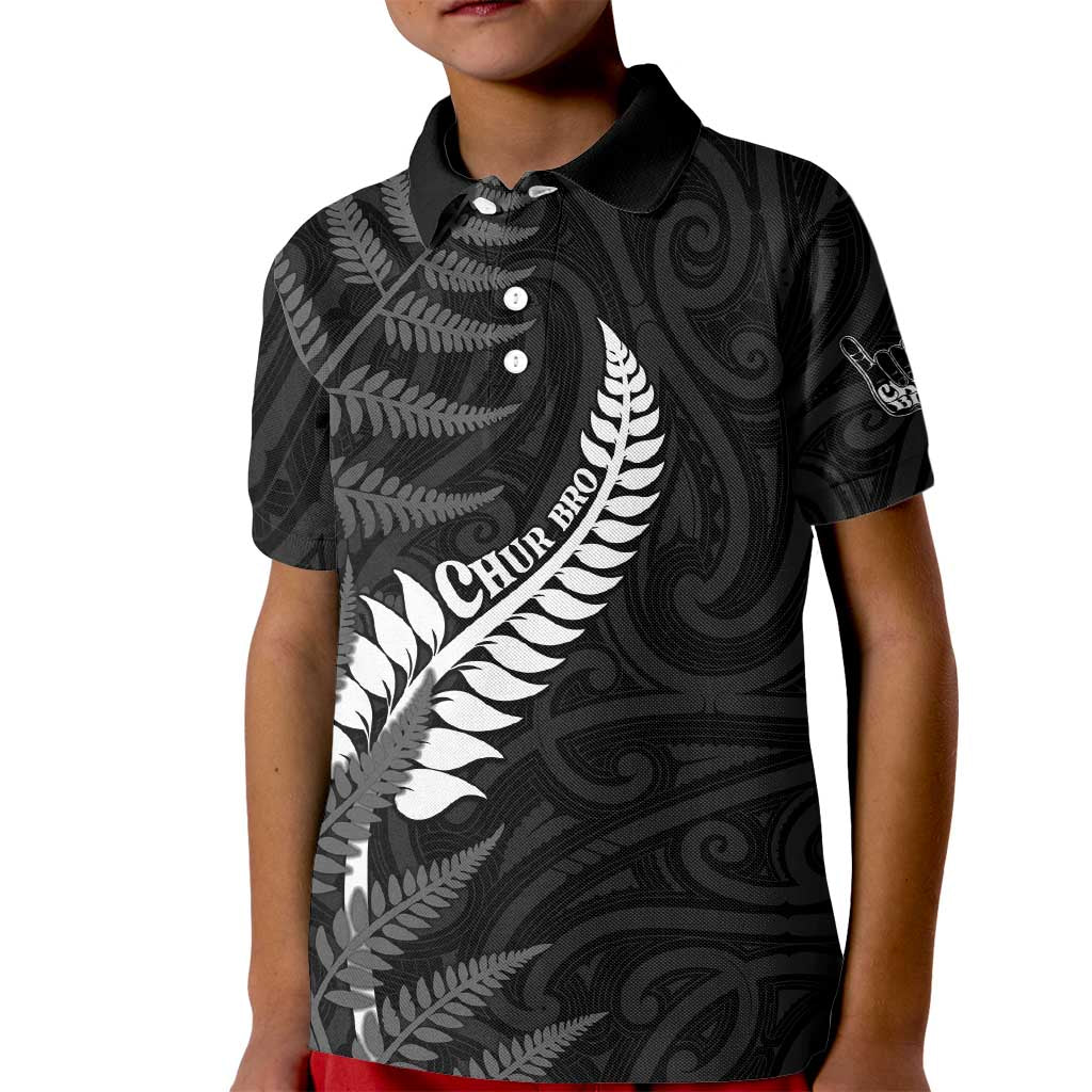 Personalised New Zealand Chur Bro Kid Polo Shirt Maori Koru With Silver Fern