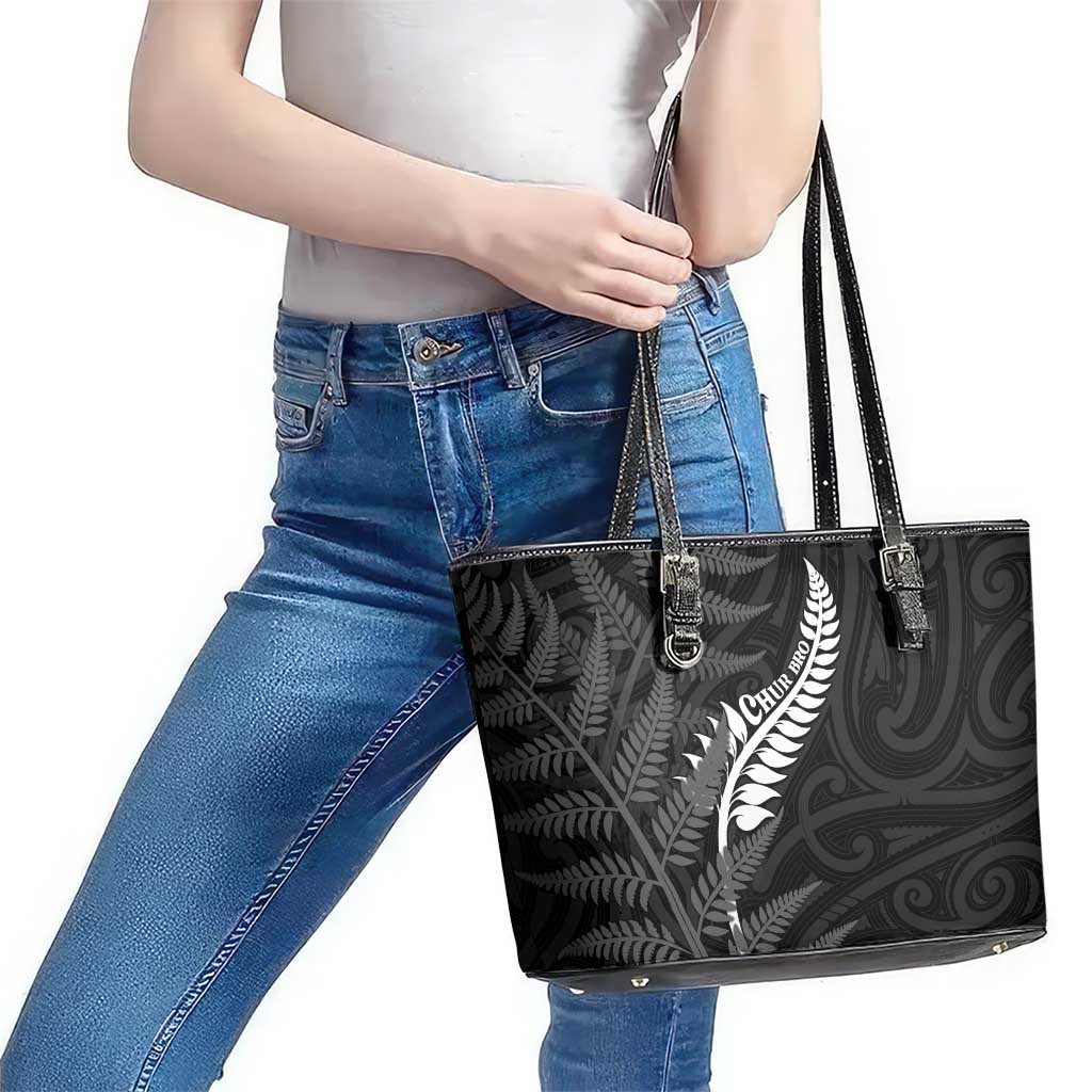 New Zealand Chur Bro Leather Tote Bag Maori Koru With Silver Fern LT05 - Polynesian Pride