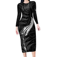 Personalised New Zealand Chur Bro Long Sleeve Bodycon Dress Maori Koru With Silver Fern
