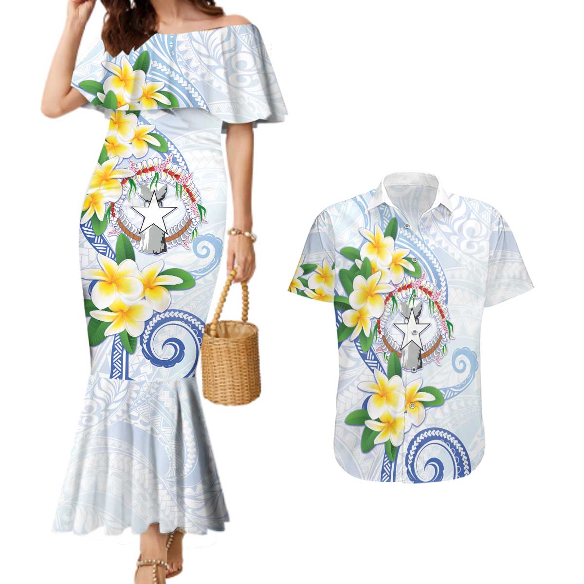 Northern Mariana Islands Chamorro Couples Matching Mermaid Dress and Hawaiian Shirt Plumeria Curves Style White Version