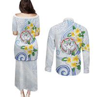 Northern Mariana Islands Chamorro Couples Matching Puletasi and Long Sleeve Button Shirt Plumeria Curves Style White Version LT05 - Polynesian Pride