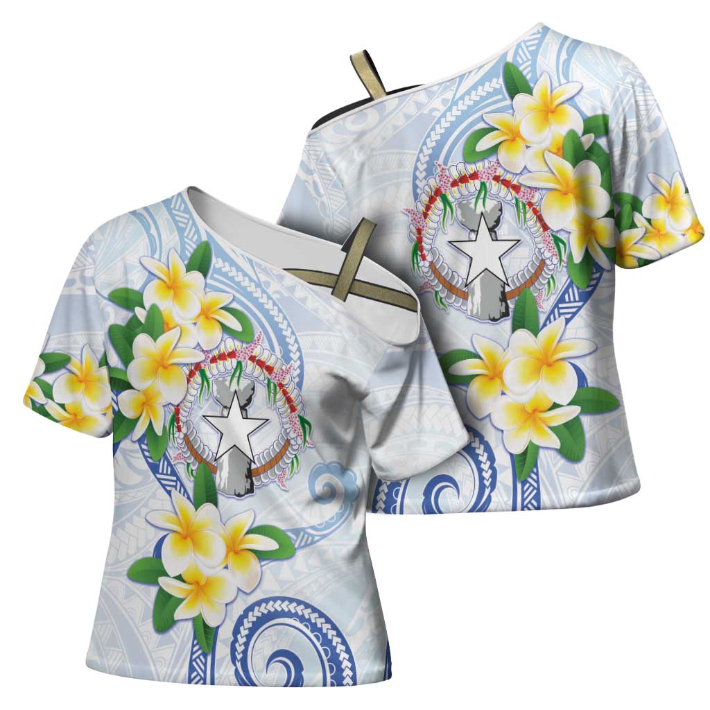 Northern Mariana Islands Chamorro Cross Shoulder Shirt Plumeria Curves Style White Version