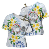 Northern Mariana Islands Chamorro Cross Shoulder Shirt Plumeria Curves Style White Version