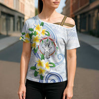 Northern Mariana Islands Chamorro Cross Shoulder Shirt Plumeria Curves Style White Version