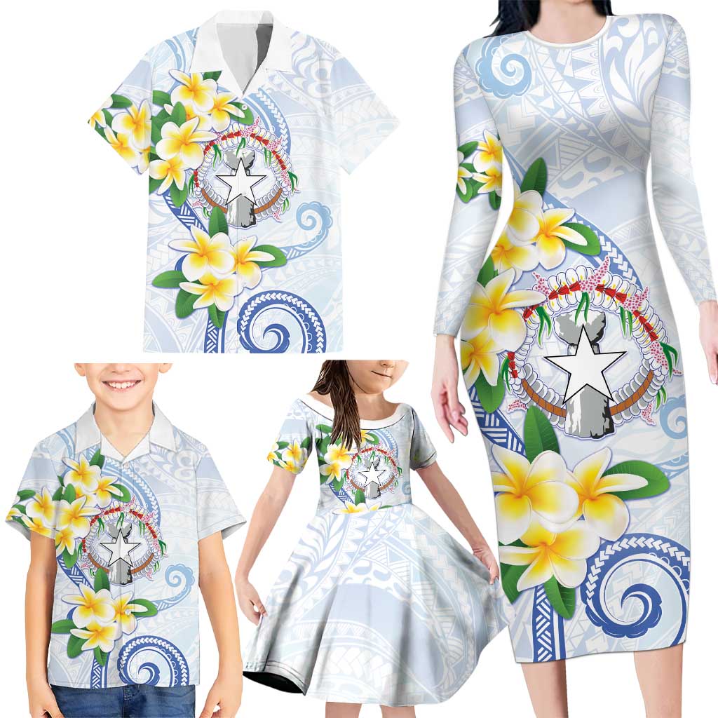 Northern Mariana Islands Chamorro Family Matching Long Sleeve Bodycon Dress and Hawaiian Shirt Plumeria Curves Style White Version