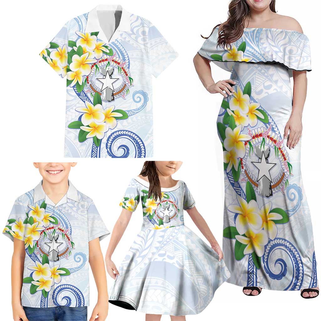Northern Mariana Islands Chamorro Family Matching Off Shoulder Maxi Dress and Hawaiian Shirt Plumeria Curves Style White Version