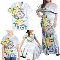 Northern Mariana Islands Chamorro Family Matching Off Shoulder Maxi Dress and Hawaiian Shirt Plumeria Curves Style White Version