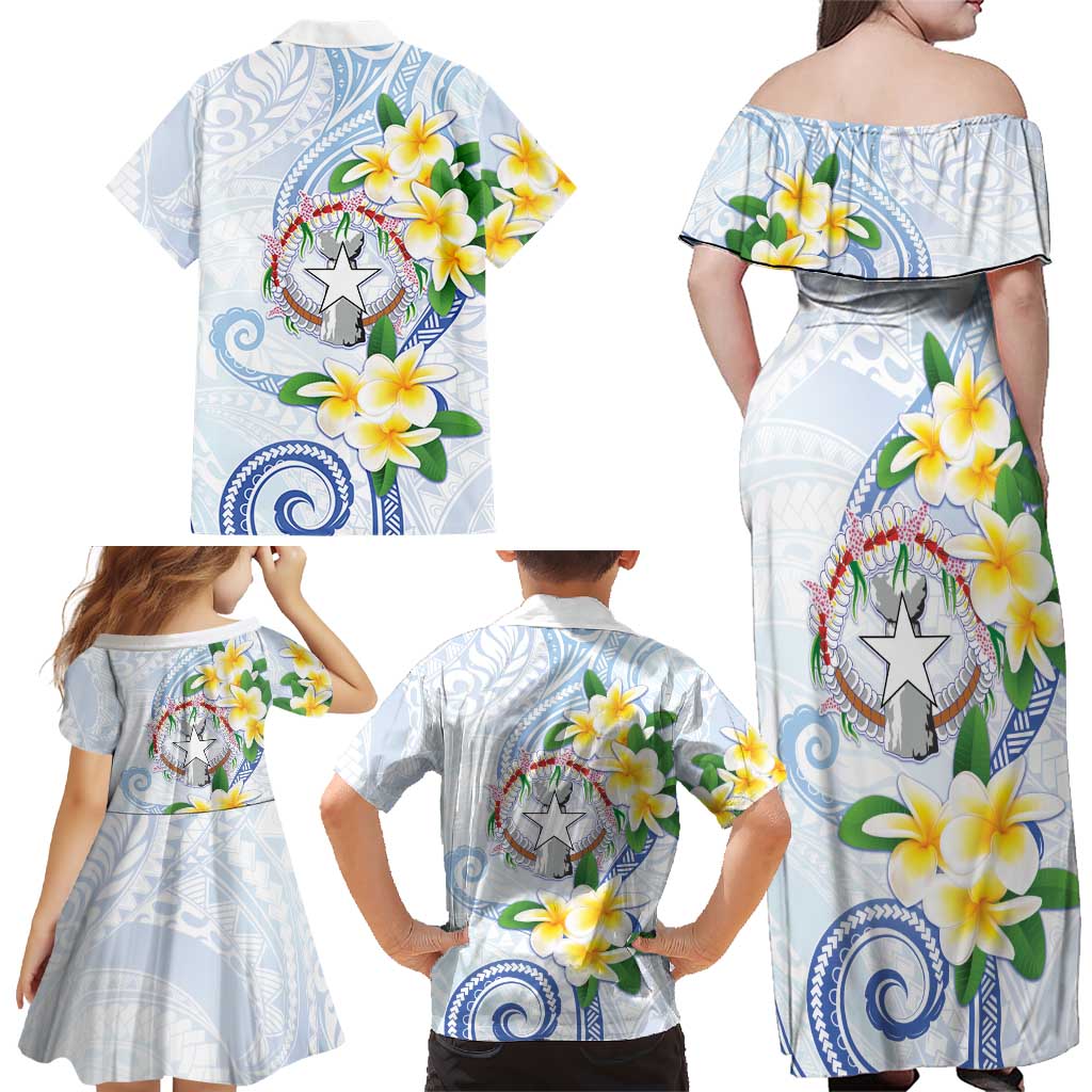 Northern Mariana Islands Chamorro Family Matching Off Shoulder Maxi Dress and Hawaiian Shirt Plumeria Curves Style White Version