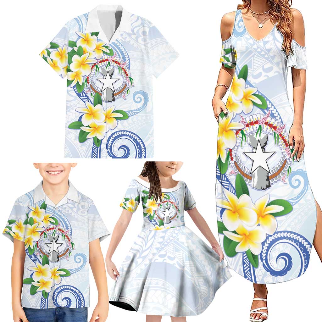 Northern Mariana Islands Chamorro Family Matching Summer Maxi Dress and Hawaiian Shirt Plumeria Curves Style White Version