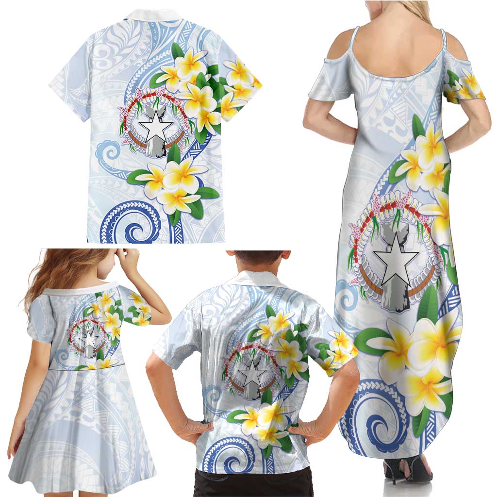 Northern Mariana Islands Chamorro Family Matching Summer Maxi Dress and Hawaiian Shirt Plumeria Curves Style White Version