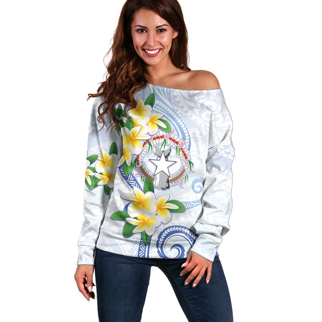 Northern Mariana Islands Chamorro Off Shoulder Sweater Plumeria Curves Style White Version