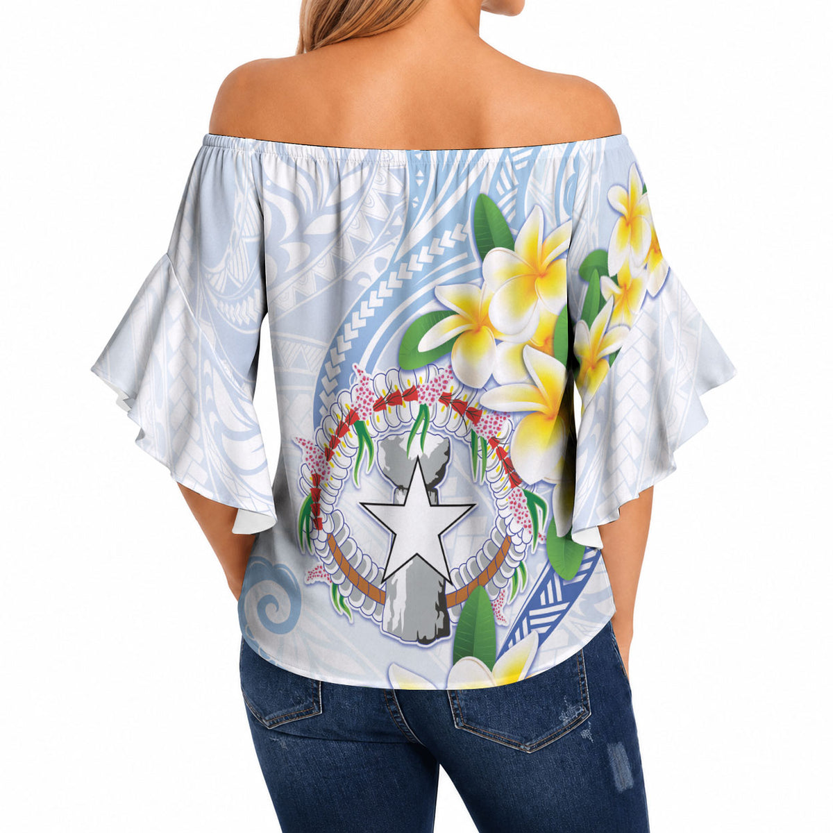 Northern Mariana Islands Chamorro Off Shoulder Wrap Waist Top Plumeria Curves Style White Version LT05 - Polynesian Pride