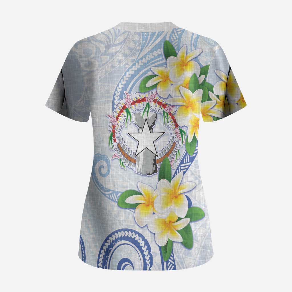 Northern Mariana Islands Chamorro Scrub Top Plumeria Curves Style White Version LT05 - Polynesian Pride