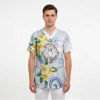 Northern Mariana Islands Chamorro Scrub Top Plumeria Curves Style White Version LT05 - Polynesian Pride