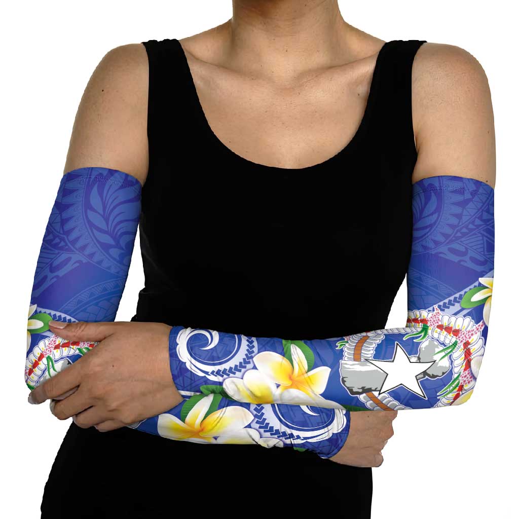 Northern Mariana Islands Chamorro Arm Sleeves Plumeria Curves Style Navy Version