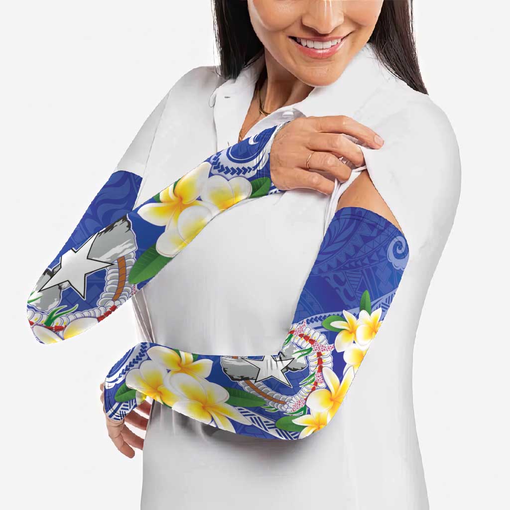 Northern Mariana Islands Chamorro Arm Sleeves Plumeria Curves Style Navy Version