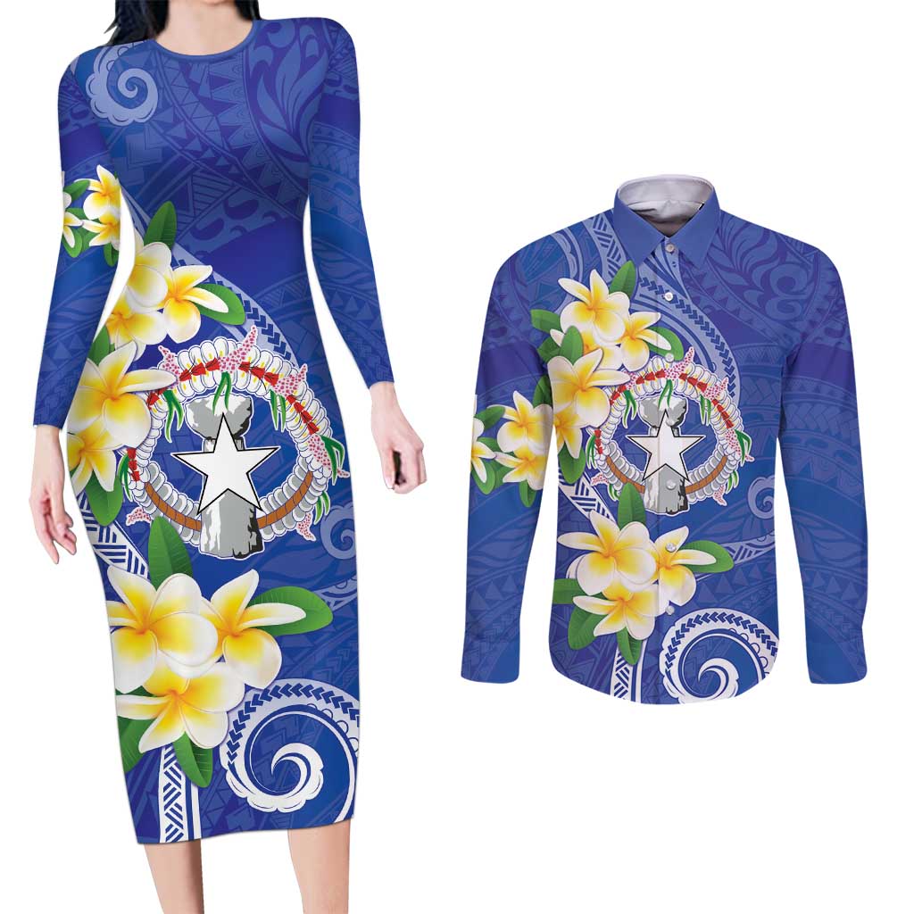 Northern Mariana Islands Chamorro Couples Matching Long Sleeve Bodycon Dress and Long Sleeve Button Shirt Plumeria Curves Style Navy Version