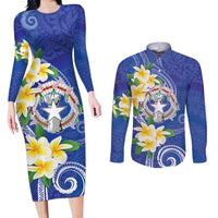 Northern Mariana Islands Chamorro Couples Matching Long Sleeve Bodycon Dress and Long Sleeve Button Shirt Plumeria Curves Style Navy Version