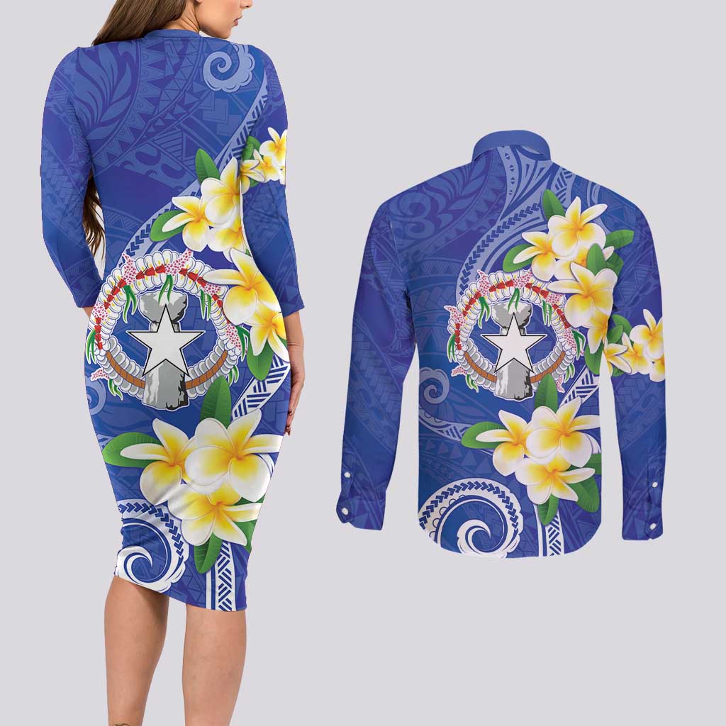 Northern Mariana Islands Chamorro Couples Matching Long Sleeve Bodycon Dress and Long Sleeve Button Shirt Plumeria Curves Style Navy Version