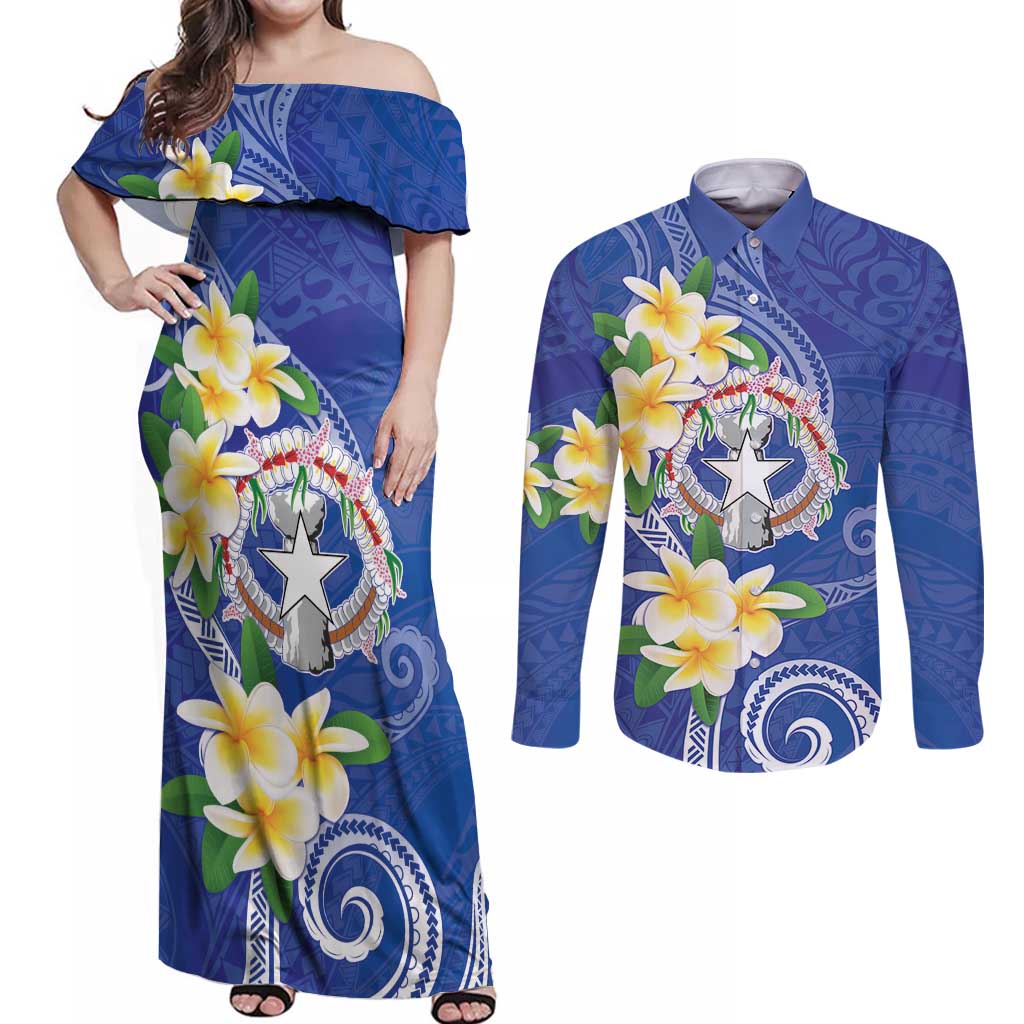 Northern Mariana Islands Chamorro Couples Matching Off Shoulder Maxi Dress and Long Sleeve Button Shirt Plumeria Curves Style Navy Version