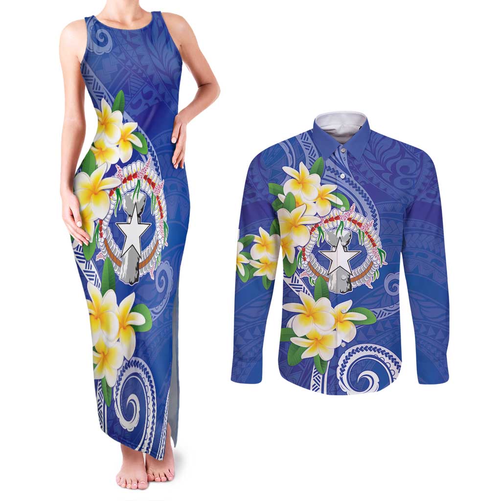 Northern Mariana Islands Chamorro Couples Matching Tank Maxi Dress and Long Sleeve Button Shirt Plumeria Curves Style Navy Version