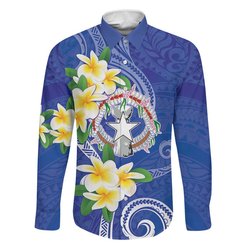 Northern Mariana Islands Chamorro Family Matching Off The Shoulder Long Sleeve Dress and Hawaiian Shirt Plumeria Curves Style Navy Version LT05 Dad's Shirt - Long Sleeve Navy - Polynesian Pride