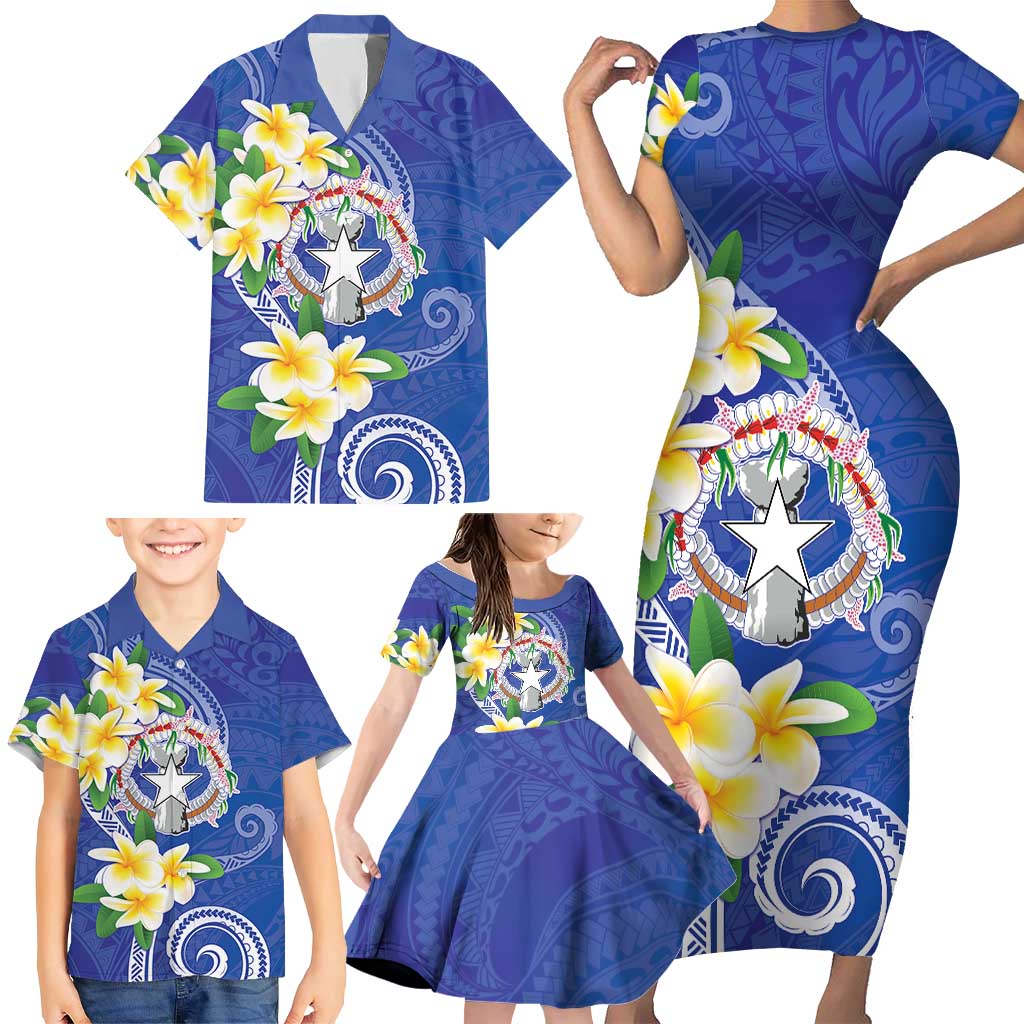 Northern Mariana Islands Chamorro Family Matching Short Sleeve Bodycon Dress and Hawaiian Shirt Plumeria Curves Style Navy Version