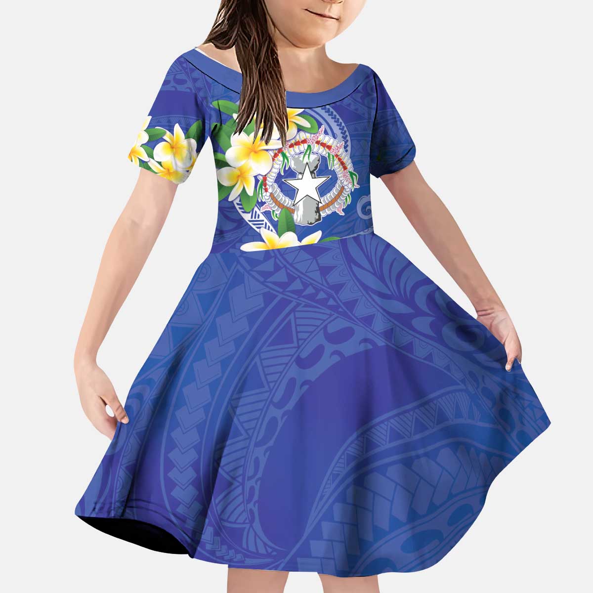 Northern Mariana Islands Chamorro Kid Short Sleeve Dress Plumeria Curves Style Navy Version