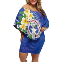 Northern Mariana Islands Chamorro Off Shoulder Short Dress Plumeria Curves Style Navy Version LT05 Women Navy - Polynesian Pride
