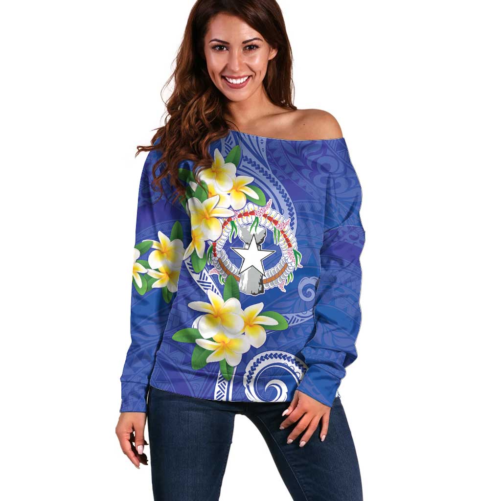 Northern Mariana Islands Chamorro Off Shoulder Sweater Plumeria Curves Style Navy Version