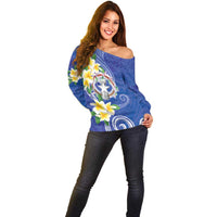 Northern Mariana Islands Chamorro Off Shoulder Sweater Plumeria Curves Style Navy Version