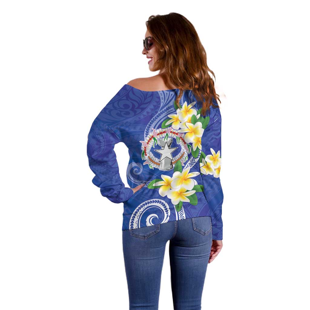Northern Mariana Islands Chamorro Off Shoulder Sweater Plumeria Curves Style Navy Version